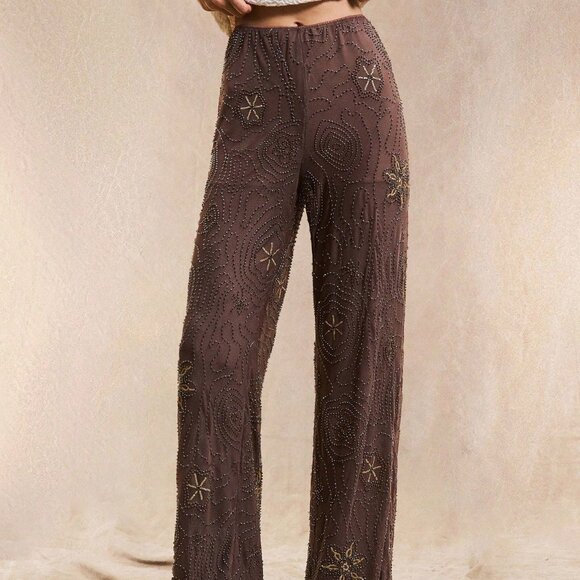 Brown Boho Women's Seaside Trousers with Floral Sequins - Picture 7 of 7